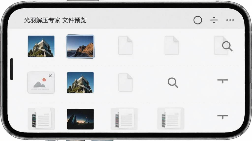 画面主体为光羽解压专家文件预览界面,布局为手机屏幕内展示压缩包内文件列表与缩略图预览,排版采用列表式结构,风格为浅灰极简设计,细节包含图片缩略图、文档图标、排序按钮、预览放大镜标识,画质清晰干净无多余元素
