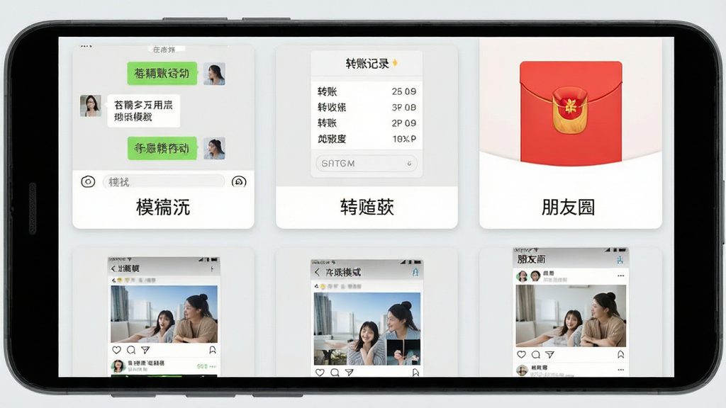 微商截图设计模板选择页面展示,画面为安卓手机屏幕特写,屏幕中整齐排列多个截图模板缩略图,包括聊天对话模板、转账记录模板、红包模板、朋友圈模板,每个缩略图下方标注模板名称,界面采用卡片式布局,背景为浅灰色,风格清新简约,细节清晰,画质1080P,干净,无多余元素