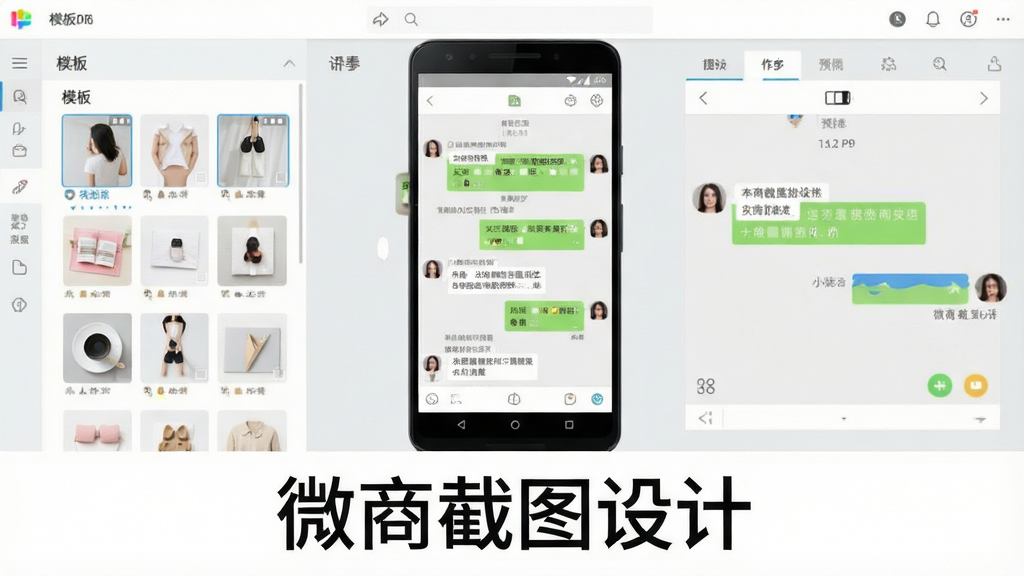 微商截图设计软件主界面展示,画面中央放置一部安卓手机,手机屏幕显示聊天记录生成界面,左侧为模板列表,右侧为对话预览区域,整体采用浅灰与白色配色,界面干净整洁,画面下方放置软件名称文字“微商截图设计”,风格为现代扁平化UI设计,细节清晰,画质1080P,干净,无多余元素