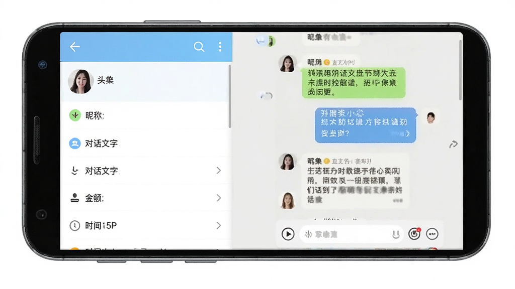 微商截图设计内容编辑界面展示,画面为安卓手机屏幕,屏幕左侧为可编辑字段列表,包含头像、昵称、对话文字、金额、时间等选项,右侧为聊天截图实时预览区,预览区内显示一段对话内容,界面采用浅蓝色与白色搭配,风格清爽,细节清晰,画质1080P,干净,无多余元素