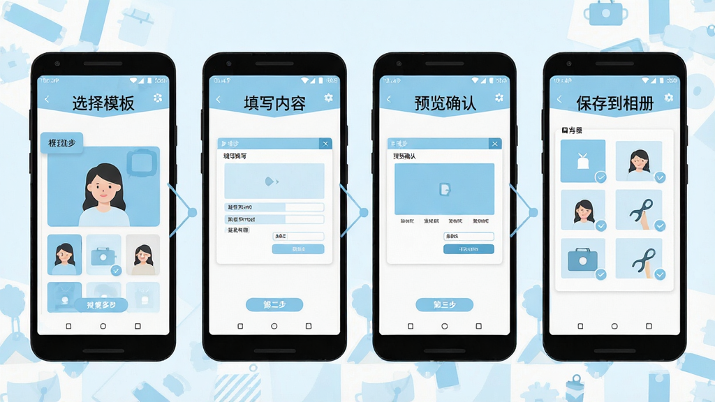 微商截图设计新手操作流程示意图,画面为安卓手机屏幕分步展示,第一步选择模板,第二步填写内容,第三步预览确认,第四步保存到相册,四个步骤以横向排列的方式呈现在同一画面中,每步配有简短文字标注,风格为扁平化信息图,配色为浅蓝与白色,细节清晰,画质1080P,干净,无多余元素