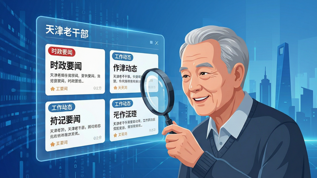 画面中心是一块悬浮的虚拟信息面板,面板上整齐排列着“天津老干部”APP中的新闻资讯卡片,卡片标题清晰可见,如“时政要闻”、“工作动态”。一位面带微笑的老年男性正通过放大镜仔细查看面板上的内容,神情专注。背景为抽象的蓝色数据流与城市剪影融合,象征信息的权威与时效。风格为现代科技插画,色彩稳重,细节精致,画质高清,干净无多余元素。