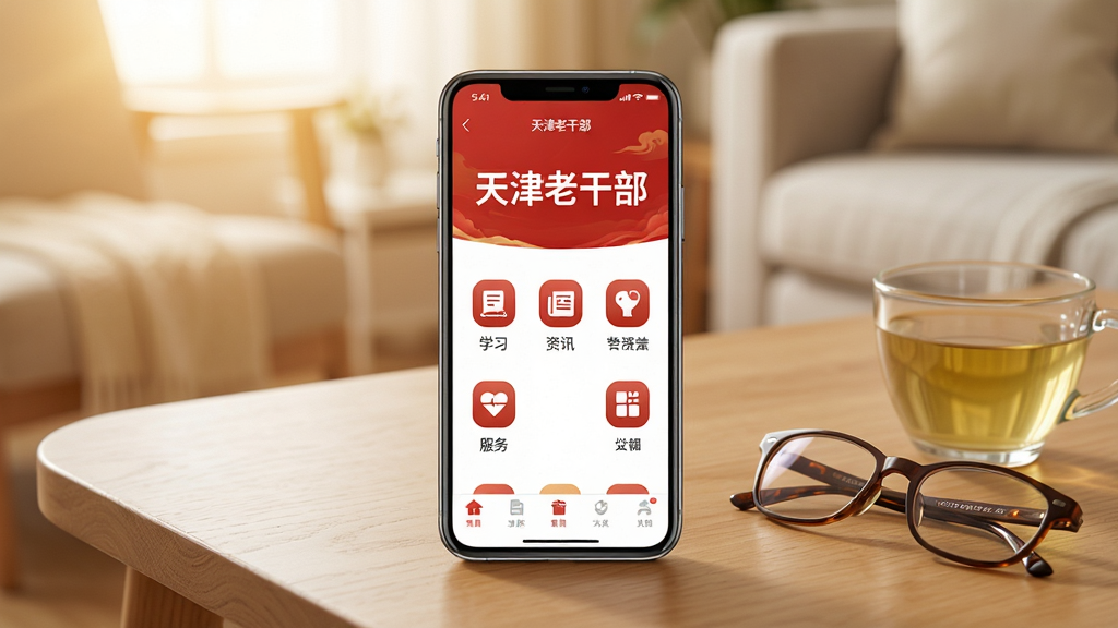 画面主体为一部智能手机,屏幕中显示“天津老干部”APP的首页界面,界面采用大字体、红色主题色,布局清晰,包含学习、资讯、服务等图标。手机放置在一张整洁的木质桌面上,旁边放着一副老花镜和一杯清茶。背景为柔和的家居环境,光线温暖明亮。整体风格为写实产品展示图,细节丰富,画质清晰,干净无多余元素。