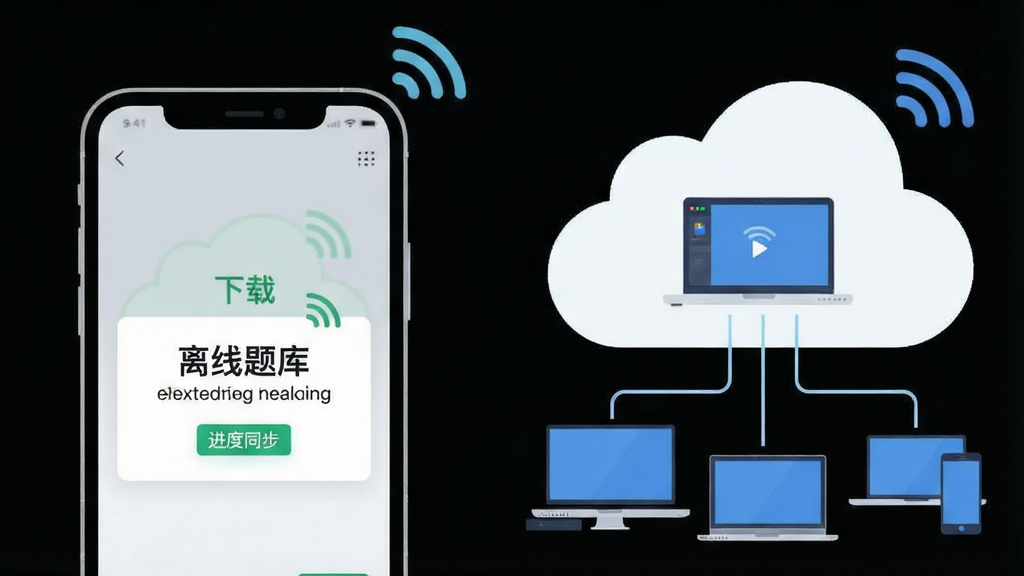 一张展示离线刷题与云端同步的示意图,主体为手机与云朵图标,布局左侧手机显示下载完成提示,右侧云朵连接多台设备,排版左右呼应,风格为简洁科技扁平风,细节包括“离线题库”“进度同步”文字与信号图标,画质高清干净无多余元素