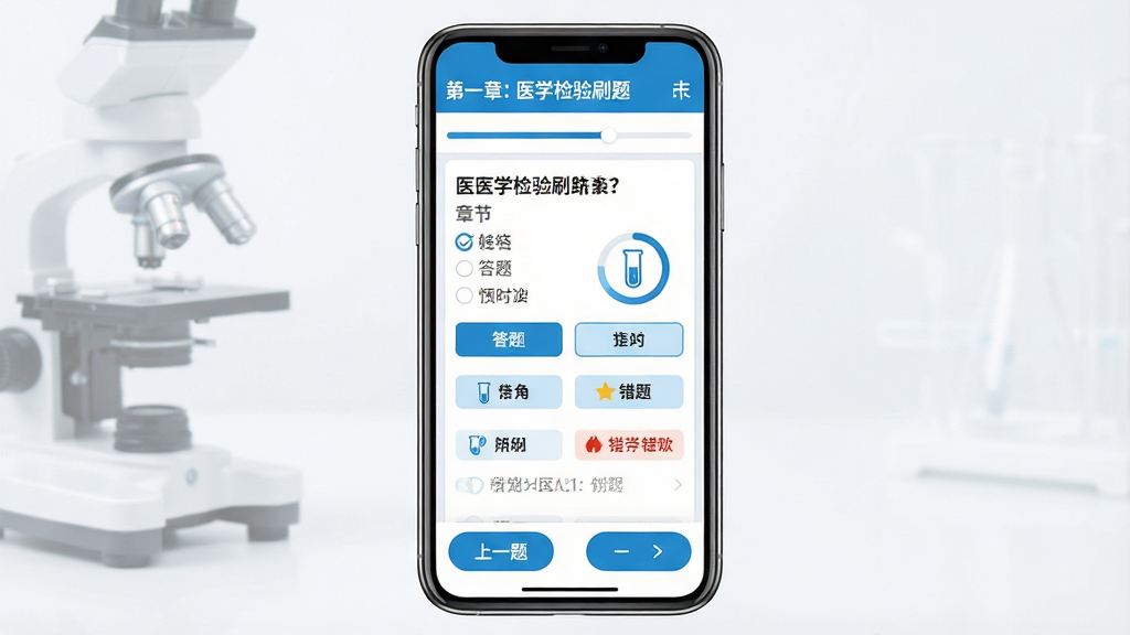 一张手机屏幕展示医学检验刷题应用界面,主体为居中竖屏手机,界面内显示选择题与答题卡,布局上方为章节标题与进度条,中部为题目与选项按钮,底部为上一题下一题操作栏,排版整齐清晰,风格为清爽医疗蓝白配色,细节包括检验试管图标、答题统计环、错题标记,画质高清干净无多余元素