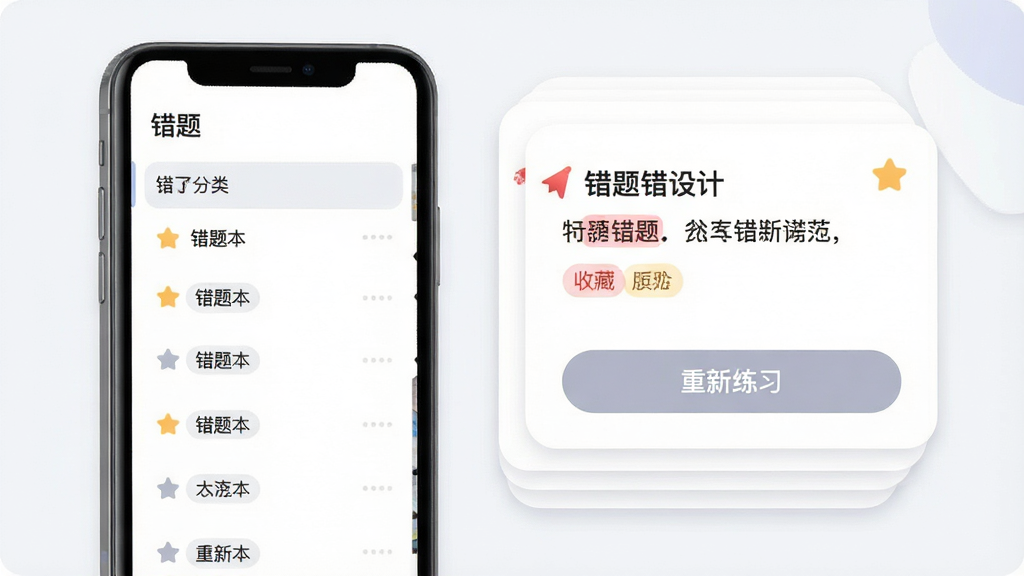 一张错题本功能界面示意图,主体为手机屏幕与错题卡片堆叠,布局左侧为错题分类列表,右侧为题目卡片与“重新练习”按钮,排版清晰,风格为柔和圆角卡片风,细节包括红色错题标记、收藏星标与科目标签,画质高清干净无多余元素