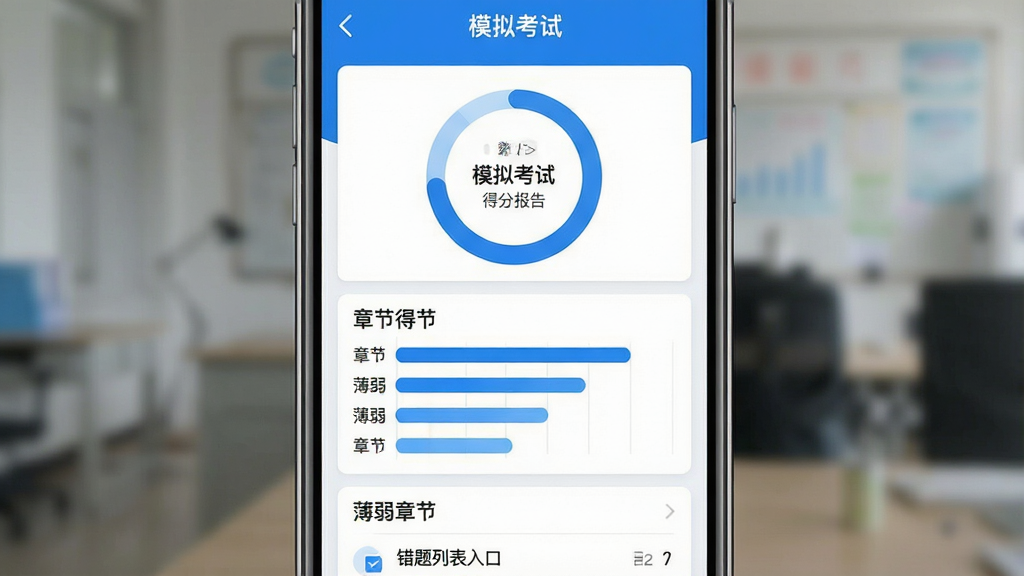 一张手机端模拟考试结果报告界面,主体为居中手机屏幕,布局上方为分数环形图,中部为章节得分条形图,下方为错题列表入口,排版整齐,风格为数据可视化蓝白风,细节包括“模拟考试”“得分报告”“薄弱章节”文字标签,画质高清干净无多余元素