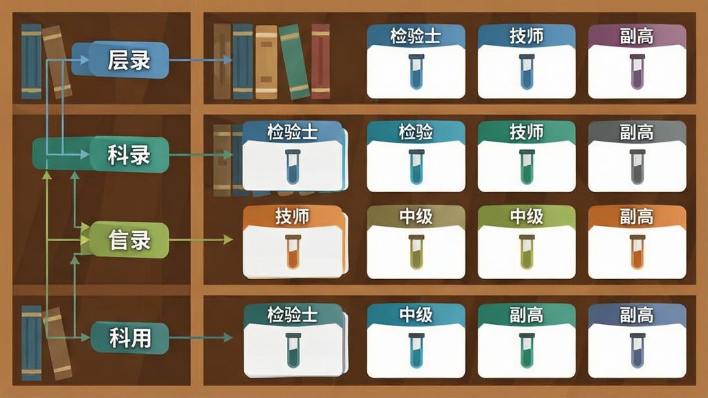 一张展示医学检验题库分层次结构的示意图,主体为多层书架与分类卡片,布局左侧为层级目录,右侧为科目卡片网格,排版左对齐分层清晰,风格为扁平化信息图,细节包括检验士、技师、中级、副高标签与试管图标,画质高清干净无多余元素