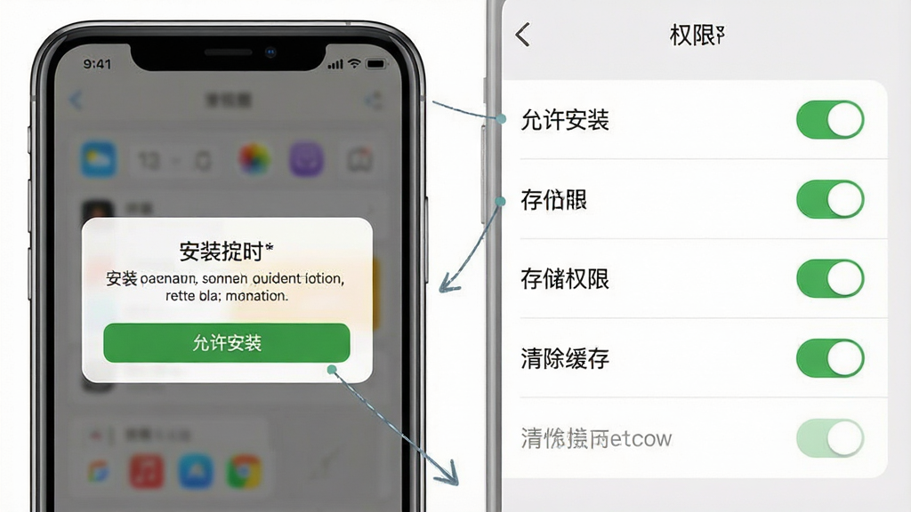 一张手机应用安装与权限设置示意图,主体为手机屏幕与设置菜单,布局左侧为安装提示弹窗,右侧为权限开关列表,排版左右对比清晰,风格为简洁教程图解风,细节包括“允许安装”“存储权限”“清除缓存”文字标签,画质高清干净无多余元素
