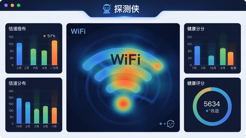 ����Ϊ��̽��������������ҳ�棬����������һ��WiFi�ź������ֲ�ʾ��ͼ����Χ�������ŵ���״ͼ�뽡������Բ��������Ϊ���½ṹ���Ű��η��������Ϊ���ݿ��ӻ���Ϣͼ��ϸ�ڰ�����ɫ���ɫ������źŲ��ơ���ע���֡�̽��������ҳ�涥��������ͼ�������ֱ�ǩ�����ʸ���ɾ��޶���Ԫ��
