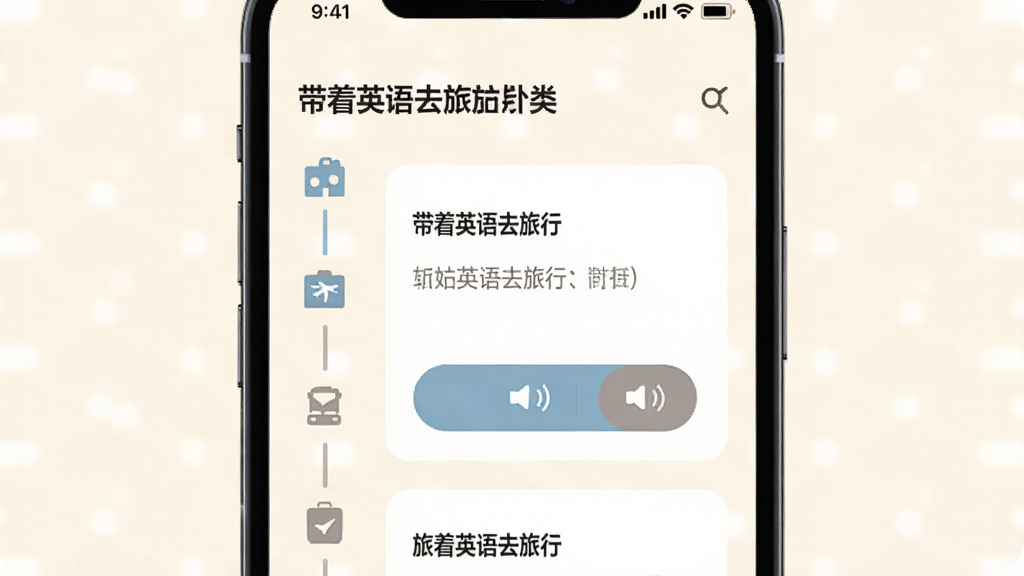手机应用界面展示“带着英语去旅行”场景分类页,左侧为旅行阶段时间轴图标,右侧为对应英语对话卡片,卡片上有中文释义与发音按钮,背景为柔和米白色,风格简洁现代,排版为手机屏幕特写,画质清晰,干净无多余元素