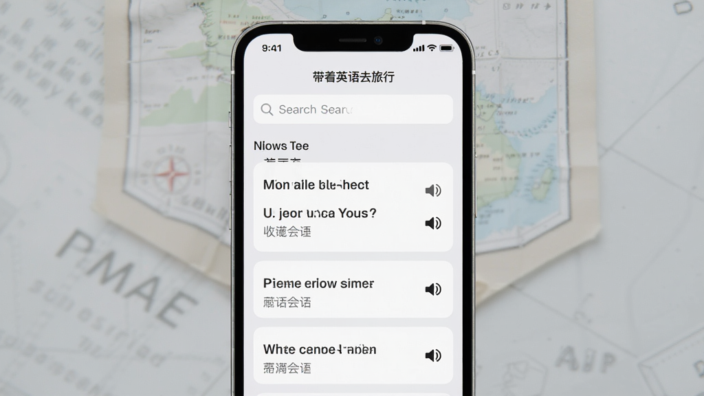 手机屏幕展示“带着英语去旅行”应用搜索与收藏界面,顶部为搜索框,下方为收藏的英语会话列表,每条包含英文句子、中文翻译和小喇叭图标,背景为浅灰色,风格极简,排版为手机正面平视,画质清晰,干净无多余元素