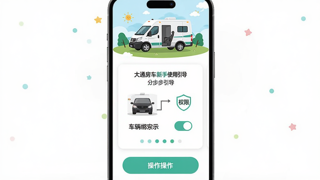 大通房车新手使用引导页面,主体为手机屏幕展示分步引导卡片,布局为顶部插画、中部步骤说明文字、底部操作按钮,排版纵向居中,风格为友好清新的新手引导风,细节包含车辆绑定示意图、权限开关图标与进度圆点,画质清晰干净,无多余元素