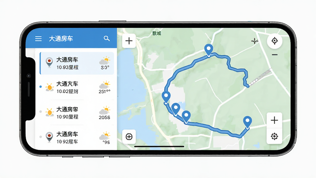 大通房车行程规划页面,主体为手机横屏展示地图路线,布局为左侧路线列表、右侧地图轨迹,排版左右分栏,风格为简约出行工具风,细节包括蓝色路线线条、营地标记图标、天气小图标与里程数字,画质高清,画面干净无冗余