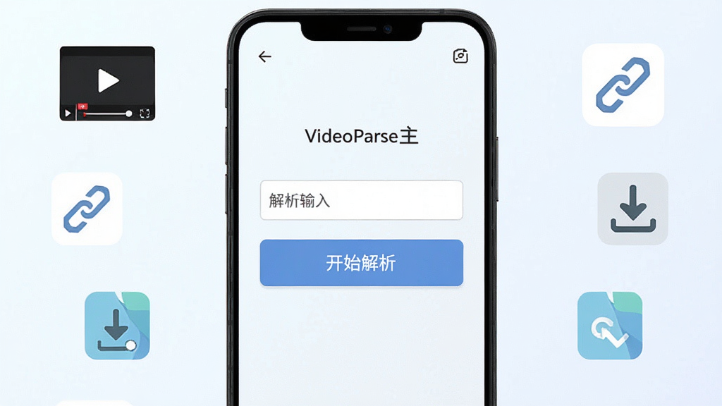 一张展示VideoParse软件主界面的安卓手机样机图,画面中央是简洁的解析输入框与醒目的开始解析按钮,背景为浅色渐变,周围环绕视频播放、链接、下载箭头等扁平化图标,整体风格清爽现代,布局居中对称,细节干净,画质高清,无多余元素