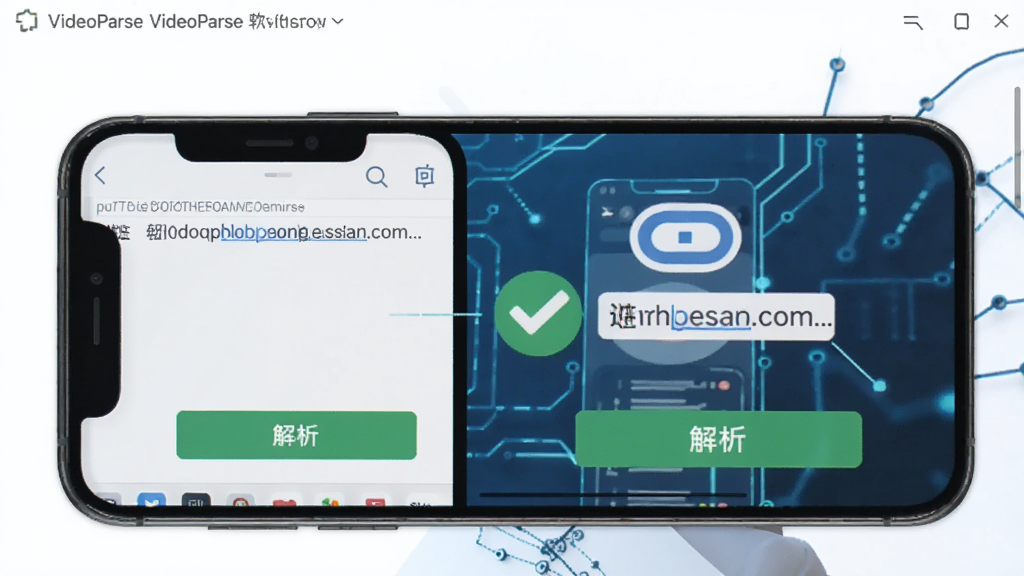 VideoParse软件界面中链接自动识别功能展示,手机屏幕显示粘贴链接后出现识别成功的绿色对勾与解析按钮,背景为科技感蓝色线条,主体为手机与链接图标,排版简洁,风格扁平化,细节清晰,画质高清干净