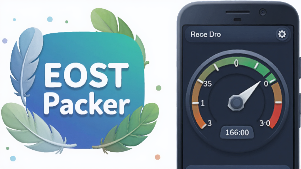 画布中央展示“EOST Packer”软件图标与一部安卓手机并排,手机屏幕显示资源占用仪表盘,仪表盘指针处于低值区域,图标周围环绕羽毛与叶子元素象征轻量,布局为左右并列,风格为柔和圆角插画风,细节包含仪表盘刻度与叶片纹理,画质清晰,干净,无多余元素