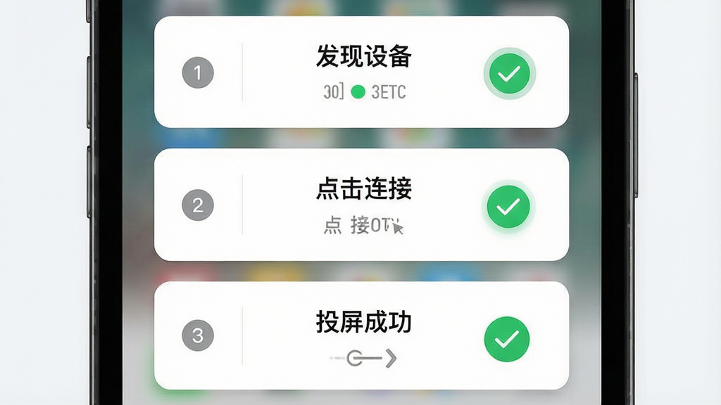 一张表现手机投屏操作步骤的示意图,画面为手机屏幕特写,屏幕上依次显示“发现设备”“点击连接”“投屏成功”三个步骤卡片,布局为竖向排列的三段式结构,风格为清爽UI界面展示风格,细节包括步骤序号圆点、连接状态图标、绿色对勾,画质清晰,画面干净,无多余元素