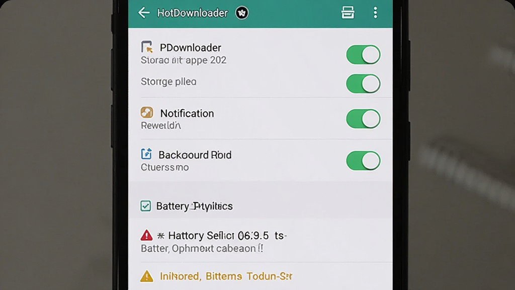 主体是手机屏幕显示HotDownloader权限设置与电池优化界面,布局为上方权限开关列表、下方电池优化选项,排版纵向清晰,风格为系统设置类界面风,细节包括存储权限、通知权限、后台限制开关、警告提示小图标,画质清晰干净无多余元素