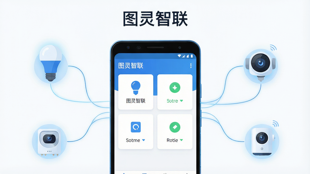 主体为一部安卓手机居中展示,屏幕内呈现“图灵智联”应用主界面,界面包含设备卡片与连接状态图标;布局上手机置于画面中央,四周环绕智能灯泡、摄像头、传感器等设备图标并以细线连接;排版简洁,顶部留白放置软件名称“图灵智联”;风格为清爽科技蓝白配色,扁平化插画风;细节上设备图标带微弱光晕,连接线条有流动感;画质高清,画面干净,无多余元素
