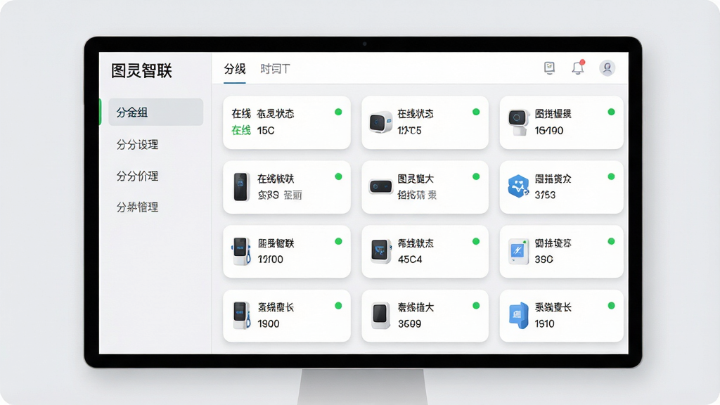 画面中央为“图灵智联”设备列表界面,多个设备卡片整齐排列,卡片上标注在线状态与设备类型;布局采用左右分栏,左侧为分组标签,右侧为卡片网格;风格为现代扁平化UI展示风,浅灰背景衬托白色卡片;细节上卡片带圆角与轻微投影,在线状态用绿色圆点标识;画质清晰,画面干净,无多余元素
