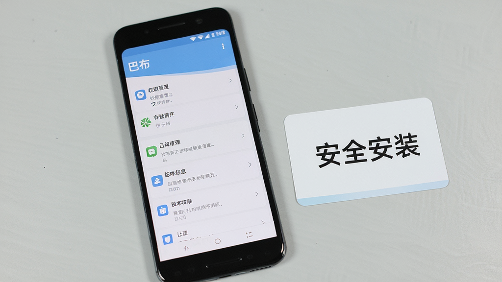 一部安卓手机屏幕显示“巴布”应用设置页面,页面中包含权限管理、存储清理、版本信息等选项,手机旁放置一张写有“安全安装”字样的提示卡片,背景为浅灰色桌面,光线明亮,风格简洁实用,画质清晰,构图干净