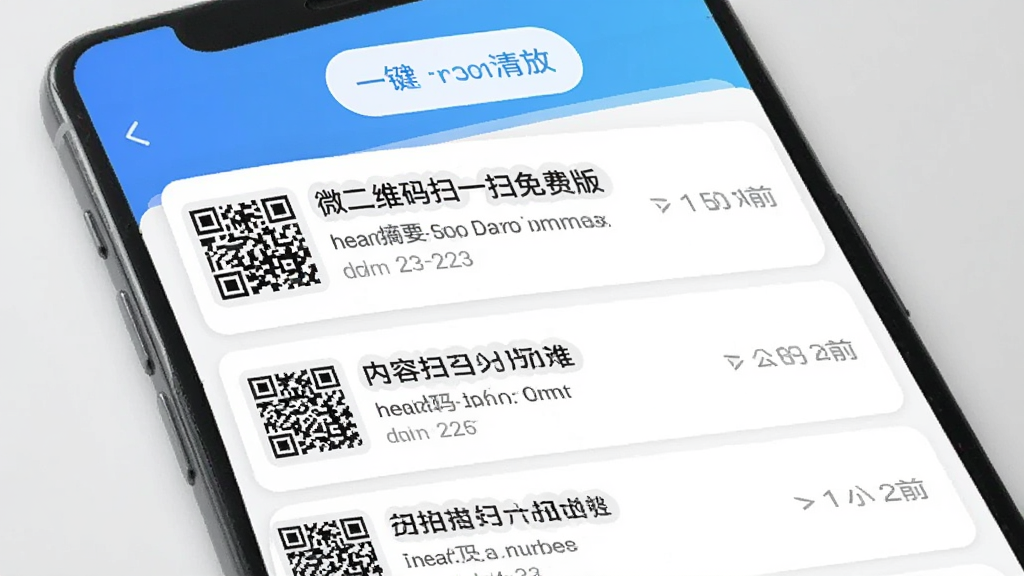 手机界面展示扫描历史记录列表,每条记录包含二维码缩略图、内容摘要和时间信息,顶部有一键清空按钮,界面采用卡片式布局,配色清新,突出