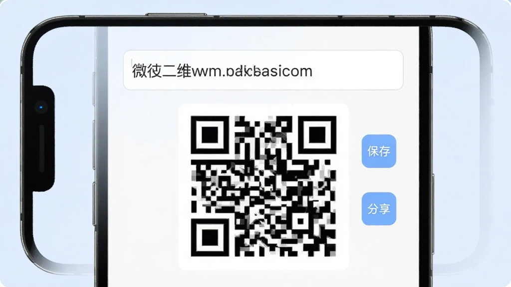 手机屏幕显示二维码生成界面,输入框内填写着一段网址,下方实时预览一个黑白二维码图案,旁边有保存和分享按钮,背景为柔和浅色,整体风格简洁明快,体现