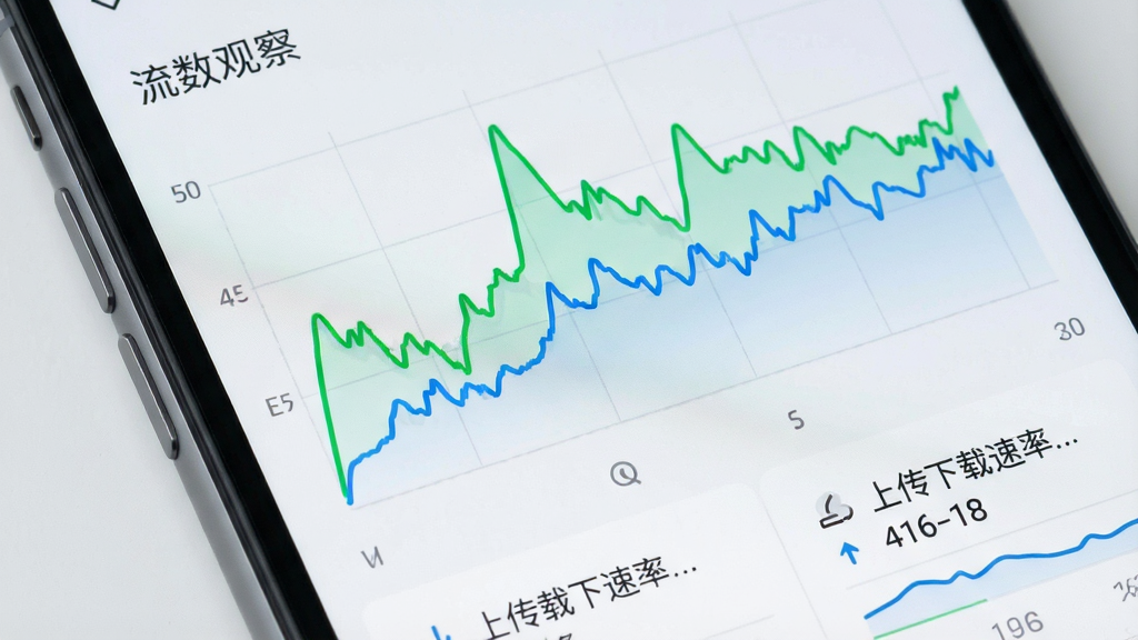 手机应用界面特写,画面主体为流数观察的实时流量折线图面板,曲线呈现绿色与蓝色双色数据流,背景为浅灰色极简风格,图表下方有上传下载速率数值,整体布局清晰,画质干净,带有软件名称“流数观察”字样