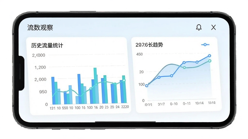 手机屏幕展示流数观察的历史流量统计页面,包含柱状图与趋势曲线,横轴为时间刻度,纵轴为流量数值,界面采用浅色卡片式布局,风格清新,画质清晰,画面中带有“流数观察”软件名称