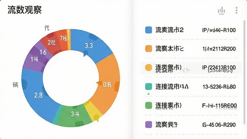 一张信息图表风格的手机截图,展示流数观察的数据流向环形图与连接状态列表,环形图分为多个色块代表不同应用流量占比,右侧列表显示连接类型与IP信息,背景为白色简洁风格,画面干净,带有“流数观察”文字标识