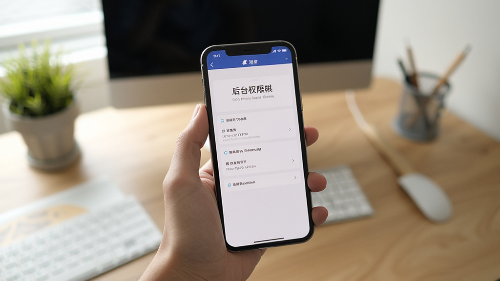 一张手机使用场景图,画面中一只手拿着手机,屏幕上显示流数观察软件的后台权限设置引导页面,背景为居家办公桌面环境,风格生活化,画质清晰自然,画面干净无杂乱元素