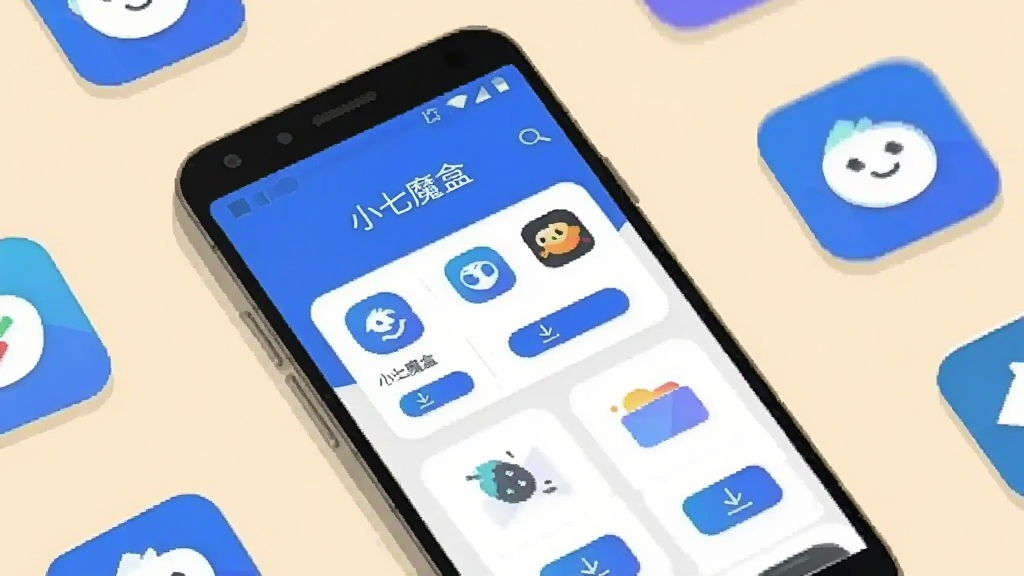 画面主体为一款安卓手机屏幕,屏幕中央展示名为“小七魔盒”的应用主界面,界面采用卡片式布局,包含应用分类图标与下载按钮;手机置于浅色桌面背景上,周围散布少量应用图标元素;整体风格清爽简洁的扁平化UI插画风,色调以蓝白为主,细节干净利落,画质清晰,无多余装饰元素