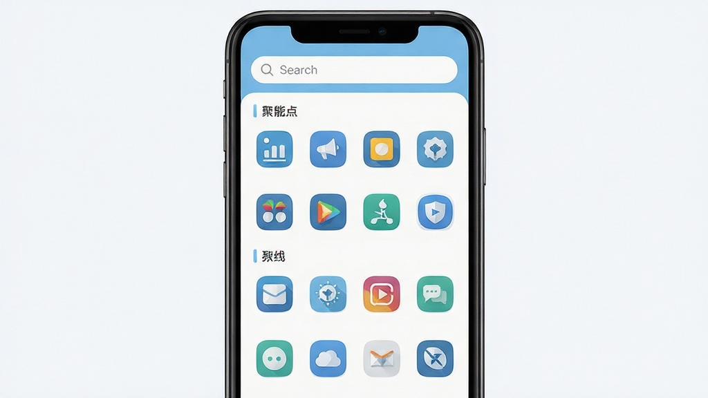 画面主体为手机界面中的聚合应用管理面板,界面内整齐排列多行应用图标与分类标签,顶部有搜索框;布局居中对称,风格为现代扁平化UI设计,色调以浅蓝与白色为主,细节中图标边缘清晰,画质干净,无多余元素