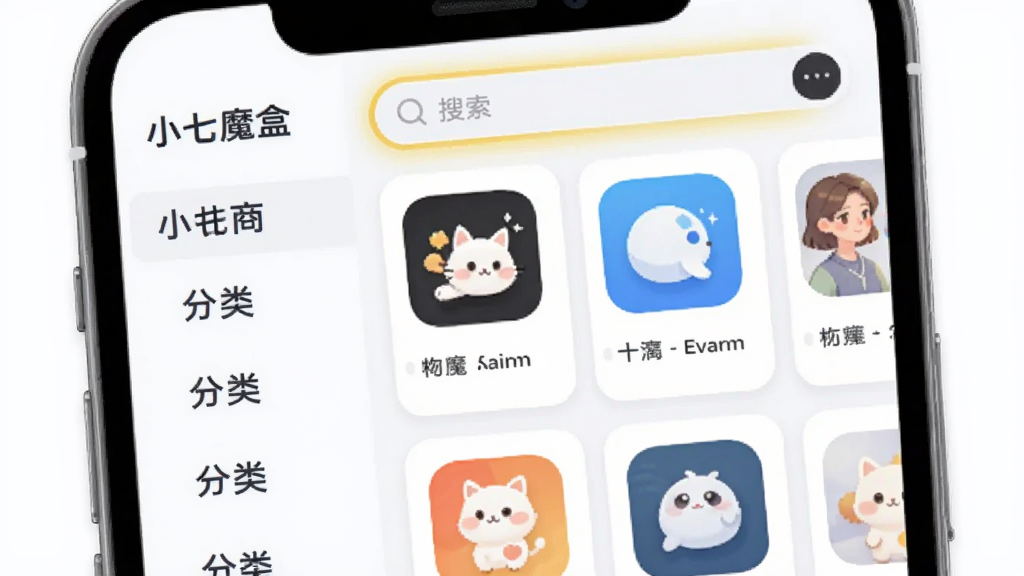画面主体为手机屏幕展示“小七魔盒”分类浏览页面,左侧为分类标签栏,右侧为应用卡片列表,顶部搜索框高亮;布局为左右分栏结构,风格为清爽浅色系UI插画,细节中卡片带有圆角与轻微阴影,画质清晰干净,无多余装饰