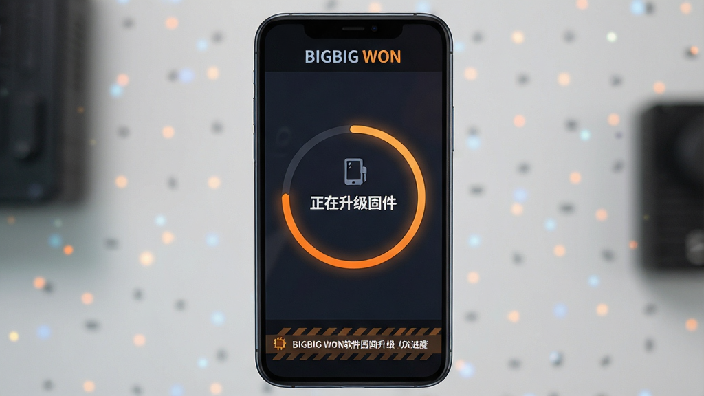 一张展示BIGBIG WON软件固件升级进度界面的手机截图风格图片,画面为竖屏手机屏幕,界面中央显示环形进度条与“正在升级固件”字样,顶部为“BIGBIG WON”标题,底部有警示文字条,整体布局居中,风格为深色科技风扁平设计,细节包含橙色进度光效与设备图标,画质清晰,干净,无多余元素