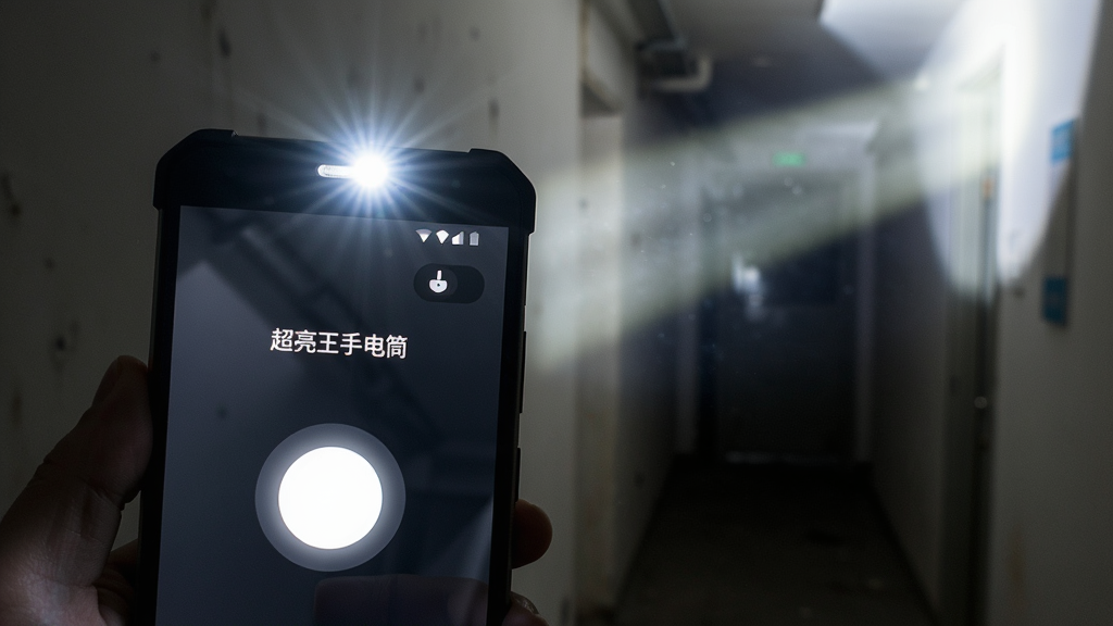 画面主体是一部横向握持的安卓手机,手机顶部闪光灯发出明亮的白色光束照亮前方黑暗的走廊,手机屏幕显示“超亮王手电筒”的简洁开关界面,一个巨大的圆形按钮处于开启高亮状态。布局上手机位于画面左侧三分之一处,光束向右上方延伸照亮环境。风格为写实摄影风,细节包括走廊墙壁的纹理、光束中的尘埃微粒以及手机屏幕的玻璃反光。画质清晰锐利,明暗对比强烈,画面干净无杂乱元素。