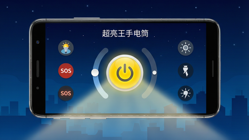 画面主体是一部居中放置的安卓智能手机,手机屏幕点亮显示“超亮王手电筒”应用界面,界面中央有一个醒目的圆形电源开关按钮,按钮呈亮黄色发光状态,周围环绕亮度调节滑块和SOS、频闪等功能图标。布局采用左右对称的构图,手机下方有柔和的光束向外扩散,背景为深蓝色渐变夜景。风格为现代科技感扁平化设计,细节上手机边框带有金属光泽,屏幕图标清晰锐利,光束边缘柔和自然。画质为高清4K,画面干净整洁,无多余杂乱元素,整体视觉明亮且富有质感。