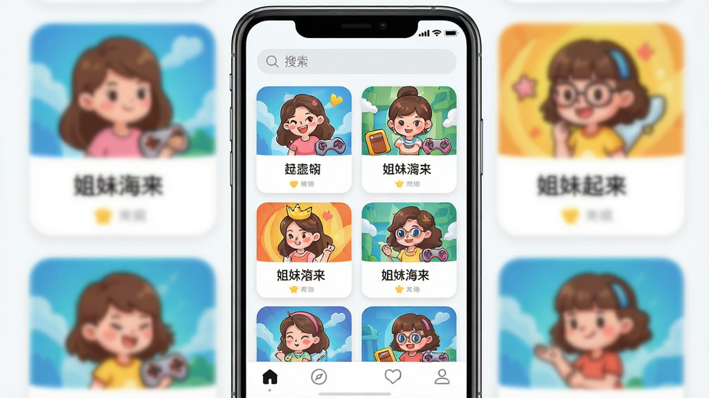 一张以“姐妹嗨起来”应用游戏大厅为主题的界面展示图,画面主体为手机屏幕特写,屏幕内整齐排列多款游戏图标卡片,布局为居中手机正面展示,风格为明亮清新的UI展示风,细节包括卡片带有游戏名称与卡通插画、顶部有搜索栏、底部有导航按钮,画质清晰干净无多余元素