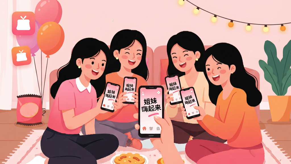 一张展示女性朋友聚会场景的插画,画面主体为几位年轻女生围坐在客厅地毯上,手持手机笑容灿烂,手机屏幕显示“姐妹嗨起来”应用界面,布局为居中构图,背景有气球、零食和暖色串灯,风格为清新扁平插画风,细节包括应用图标悬浮在画面一角、人物表情生动、色彩以粉橙渐变为主,画质高清干净无多余元素