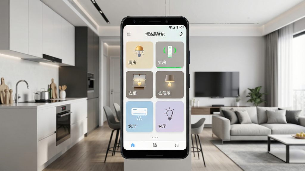 一张展示博洛尼智能应用界面的场景图,画面主体为一部竖屏安卓手机,手机屏幕中显示智能家居控制面板,包含厨房灯光、衣柜氛围灯、客厅空调等设备卡片,布局上手机居中放置,背景为现代简约风格的开放式厨房与客厅,风格为清爽科技感写实风,细节上突出界面图标清晰、色彩柔和、设备状态一目了然,画质高清干净,画面中可出现文字“博洛尼智能”,整体无多余装饰元素