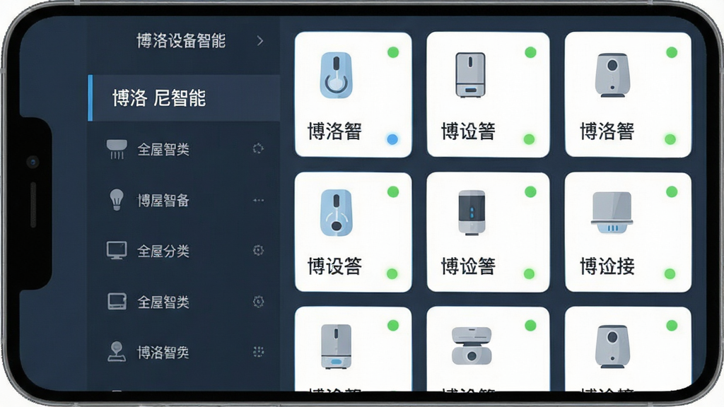 一张表现全屋设备统一接入的示意图,画面主体为手机屏幕中的设备列表界面,布局上左侧为房间分类导航、右侧为设备卡片网格,风格为扁平化科技插画风,细节上每个设备卡片配有简洁图标与状态指示灯,画质清晰干净,画面中可出现文字“博洛尼智能”,无多余背景元素