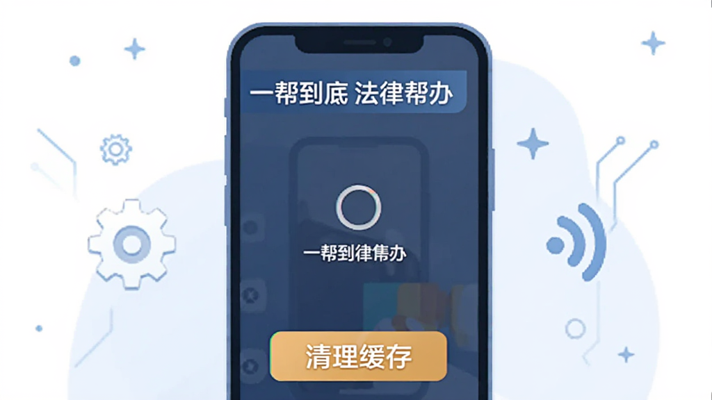 手机应用故障排查场景插画,画面中有“一帮到底法律帮办”字样,展示手机屏幕出现加载图标、设置齿轮、网络信号图标和清理缓存按钮,布局为居中构图,风格简洁科技感扁平插画,细节清晰,画质干净高清,无多余元素