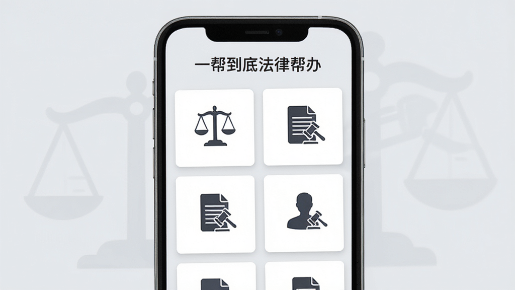 手机屏幕显示法律案例卡片列表,顶部有“一帮到底法律帮办”标题,卡片内含天平图标、文档图标和人物剪影,背景为淡灰色,布局为整齐的卡片网格,风格简约商务,细节清晰,画质干净高清,无多余装饰