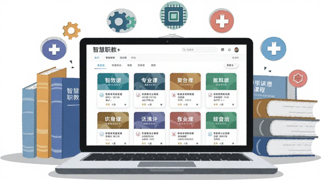画面主体为一台打开的笔记本电脑与几本专业书籍,电脑屏幕中展示