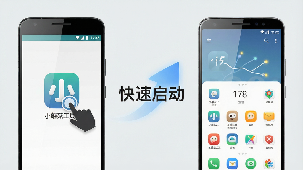 一张手机应用启动速度对比示意图,画面左侧是一部安卓手机屏幕显示“小蘑菇工具”图标被点击,右侧是应用主界面瞬间展开,背景采用简洁的浅灰色调,画面中央用视觉化方式表现“快速启动”的概念,风格清爽现代,细节上突出手机边框和屏幕反光,画质清晰,干净,无多余元素
