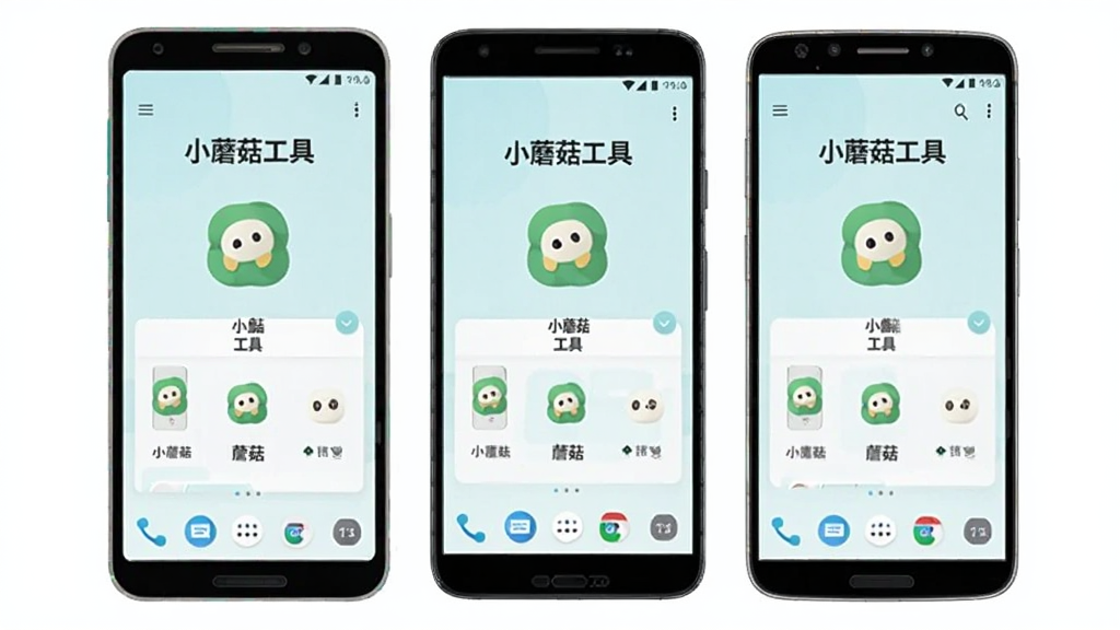 一张多款安卓手机并排展示的示意图,画面中三部不同屏幕形态的手机同时显示“小蘑菇工具”的界面,屏幕比例和刘海样式各不相同但界面布局均完整显示,整体风格清新浅色,细节上突出手机边框差异和屏幕内界面的一致性,画质清晰,干净,无多余元素