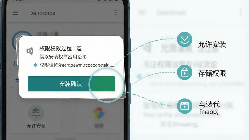 一张安卓手机安装应用过程的界面示意图,画面展示手机屏幕上出现权限请求弹窗和安装确认按钮,旁边用简洁图标标注“允许安装”“存储权限”等关键操作点,整体风格清新浅色,细节上突出弹窗按钮和提示文字,画质清晰,干净,无多余元素