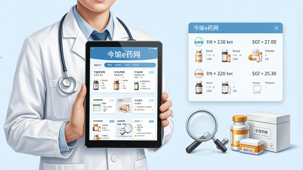 画面主体为一位身穿白大褂的药师手持平板电脑,平板屏幕显示“今瑜e药网”药品列表界面,旁边有放大镜与药品盒元素;布局为人物居左、药品信息浮窗居右;风格为写实商务插画,细节上平板界面文字清晰,色调以白色与浅蓝为主;画质高清,画面干净,无多余元素