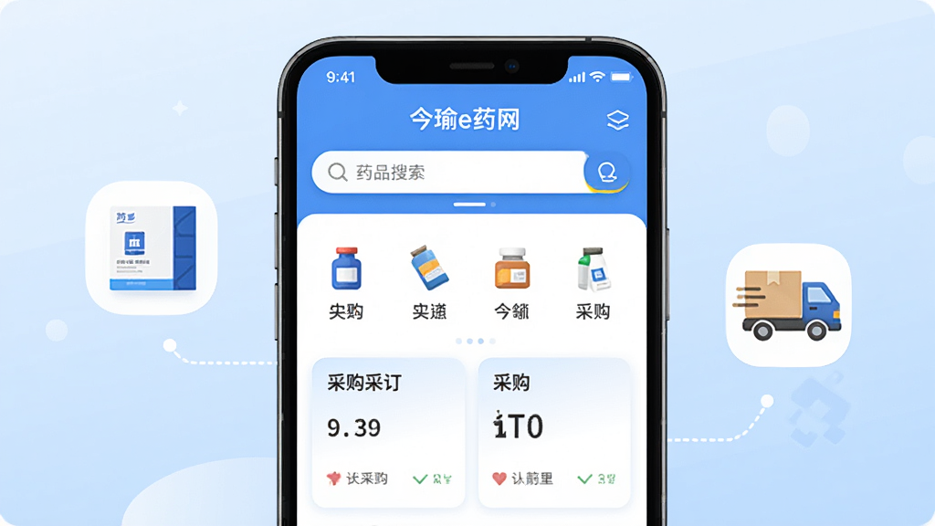 画面主体为一部智能手机,屏幕中央展示“今瑜e药网”应用首页界面,顶部有药品搜索框,下方排列药品分类图标与采购订单卡片;手机两侧悬浮着药品包装盒与物流货车的小图标;布局采用居中对称构图,手机位于画面正中央,背景为浅蓝色渐变;排版简洁明快,风格为现代扁平化商务插画,细节上突出界面元素清晰可辨,色调以蓝白为主;画质高清,画面干净,无多余元素